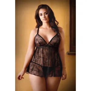 Curve Elena Lace Babydoll with Criss Cross Back Detail and Matching Panty 3X/4X Black