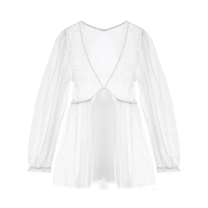 Deep V Neck Transparent Lace Romantic Nightgown