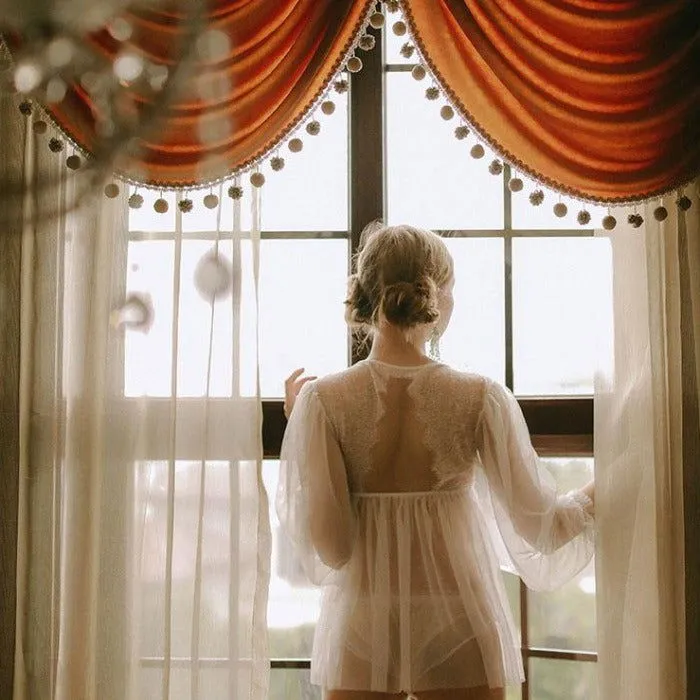 Deep V Neck Transparent Lace Romantic Nightgown