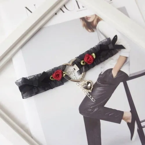 Delicate Floral Ribbon Choker with Heart Pendant