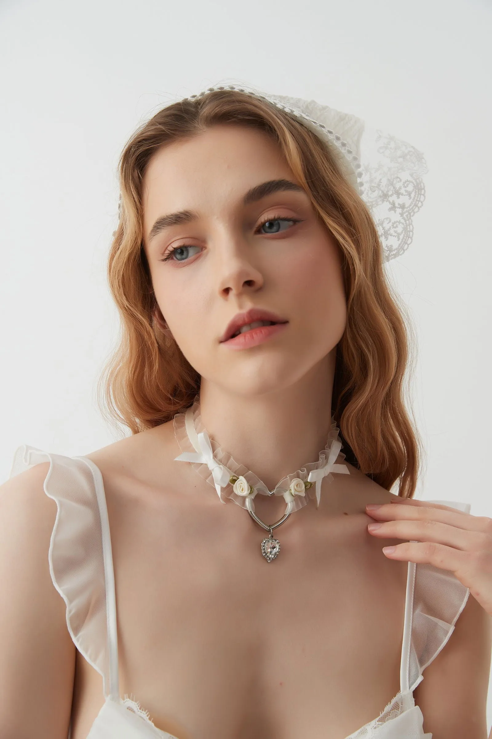 Delicate Floral Ribbon Choker with Heart Pendant