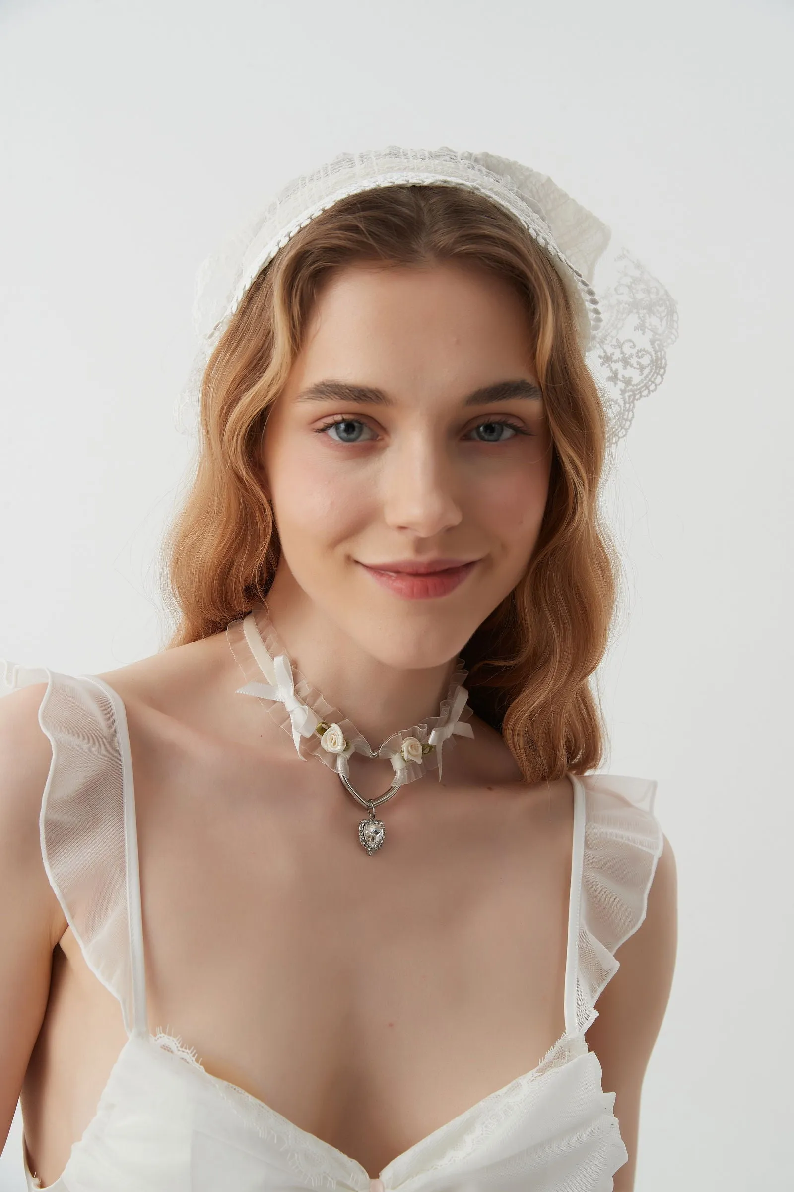 Delicate Floral Ribbon Choker with Heart Pendant