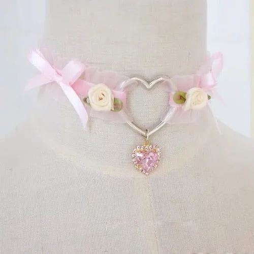 Delicate Floral Ribbon Choker with Heart Pendant