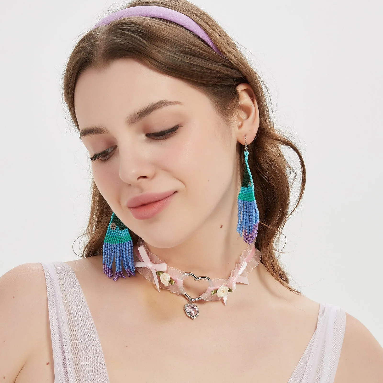 Delicate Floral Ribbon Choker with Heart Pendant