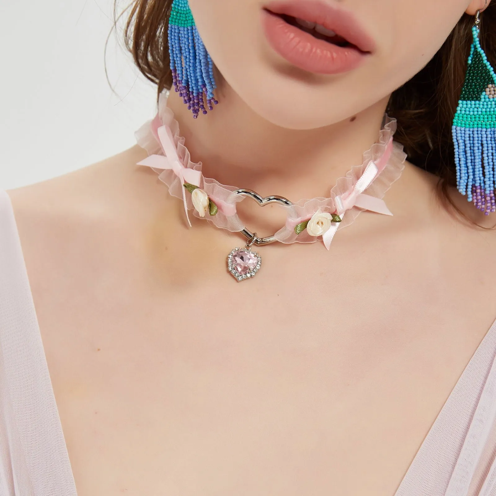 Delicate Floral Ribbon Choker with Heart Pendant
