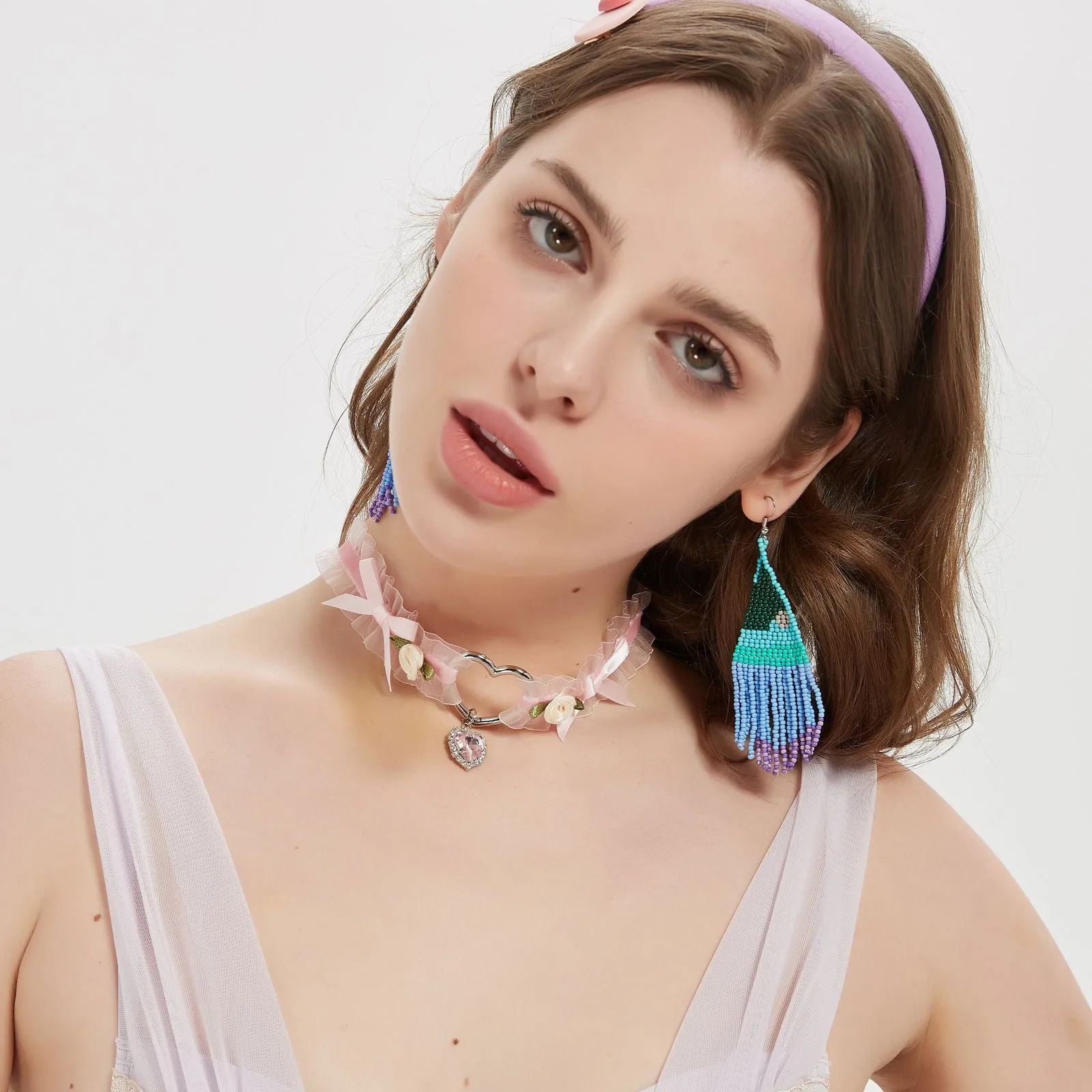Delicate Floral Ribbon Choker with Heart Pendant
