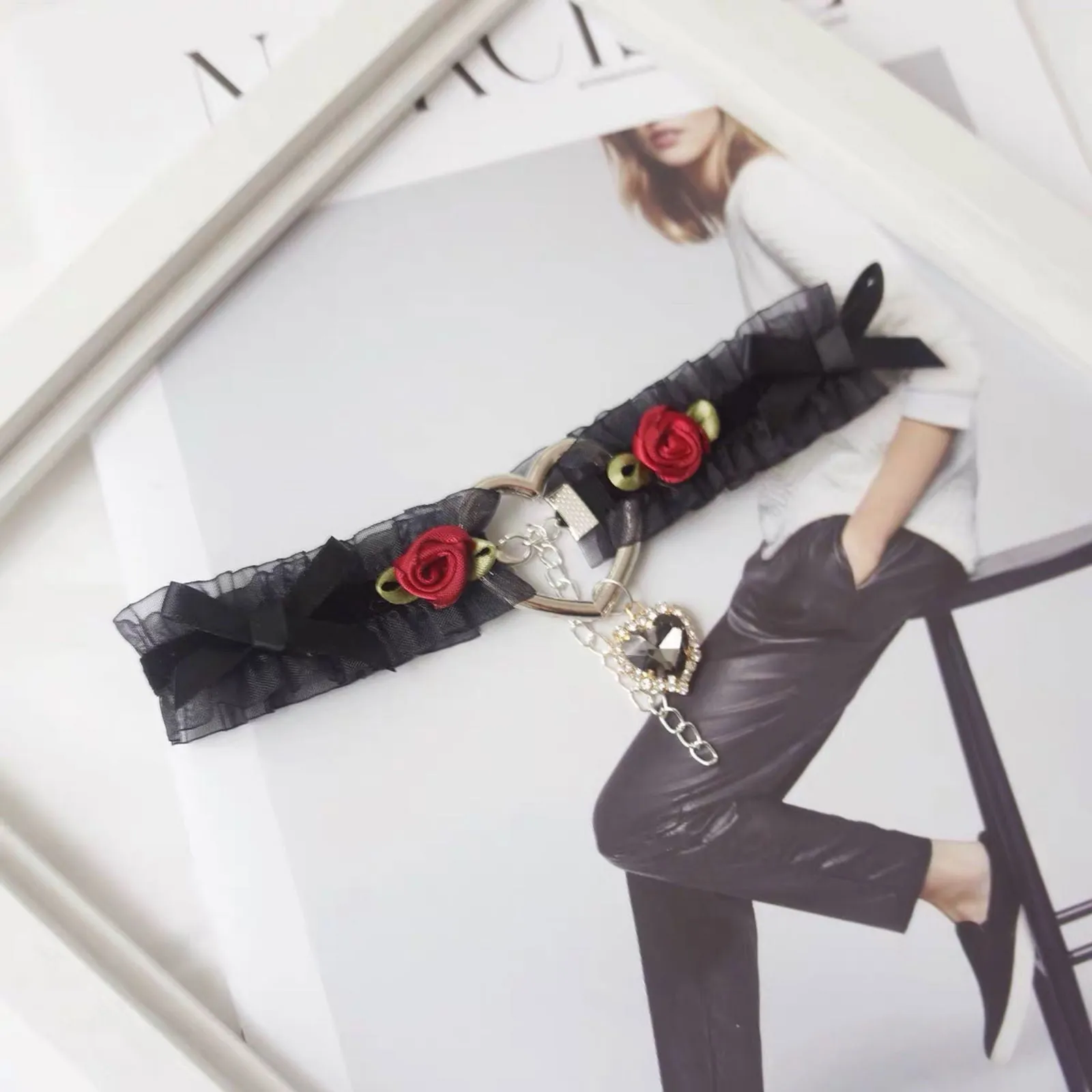 Delicate Floral Ribbon Choker with Heart Pendant