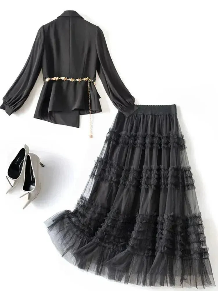 Elegant Tailored Silk Two-Piece Skirt Set