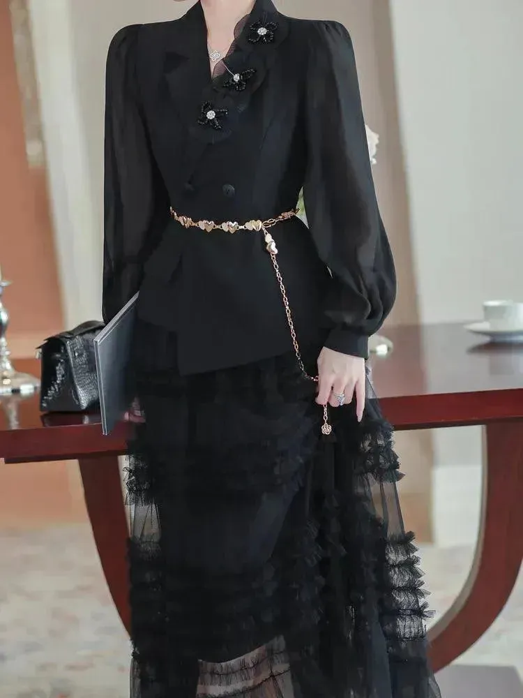 Elegant Tailored Silk Two-Piece Skirt Set