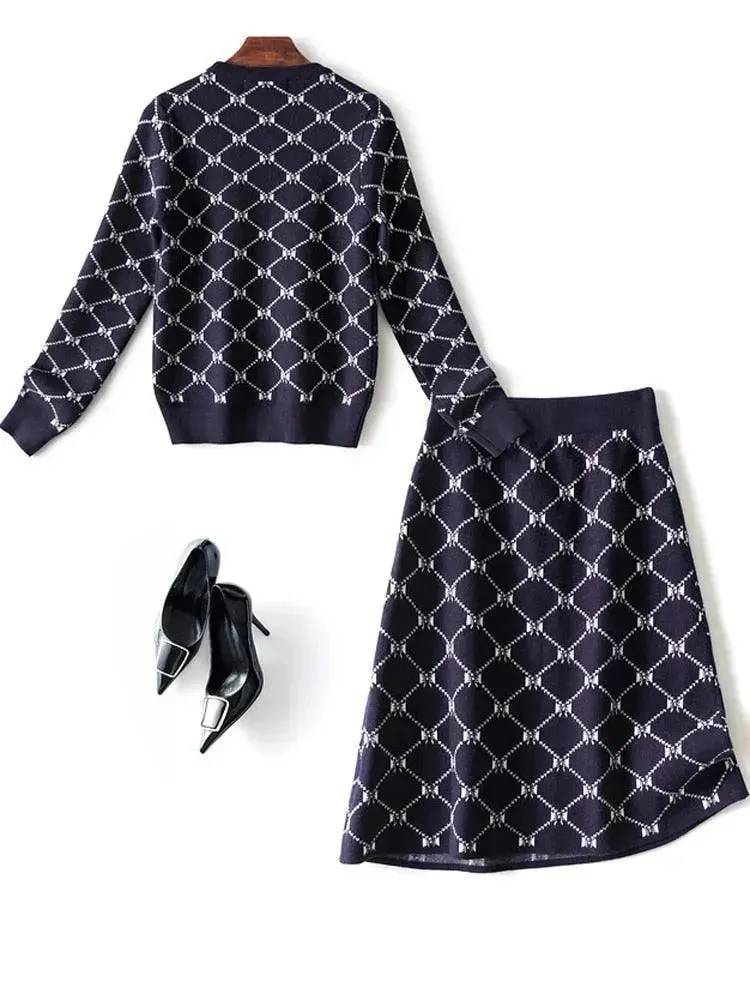 Elegant Women Geometric Fall Two-Piece Skirt Set