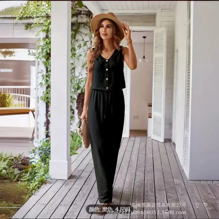 Elegant Women's Suit V-neck Vest Loose Wide Leg Pants