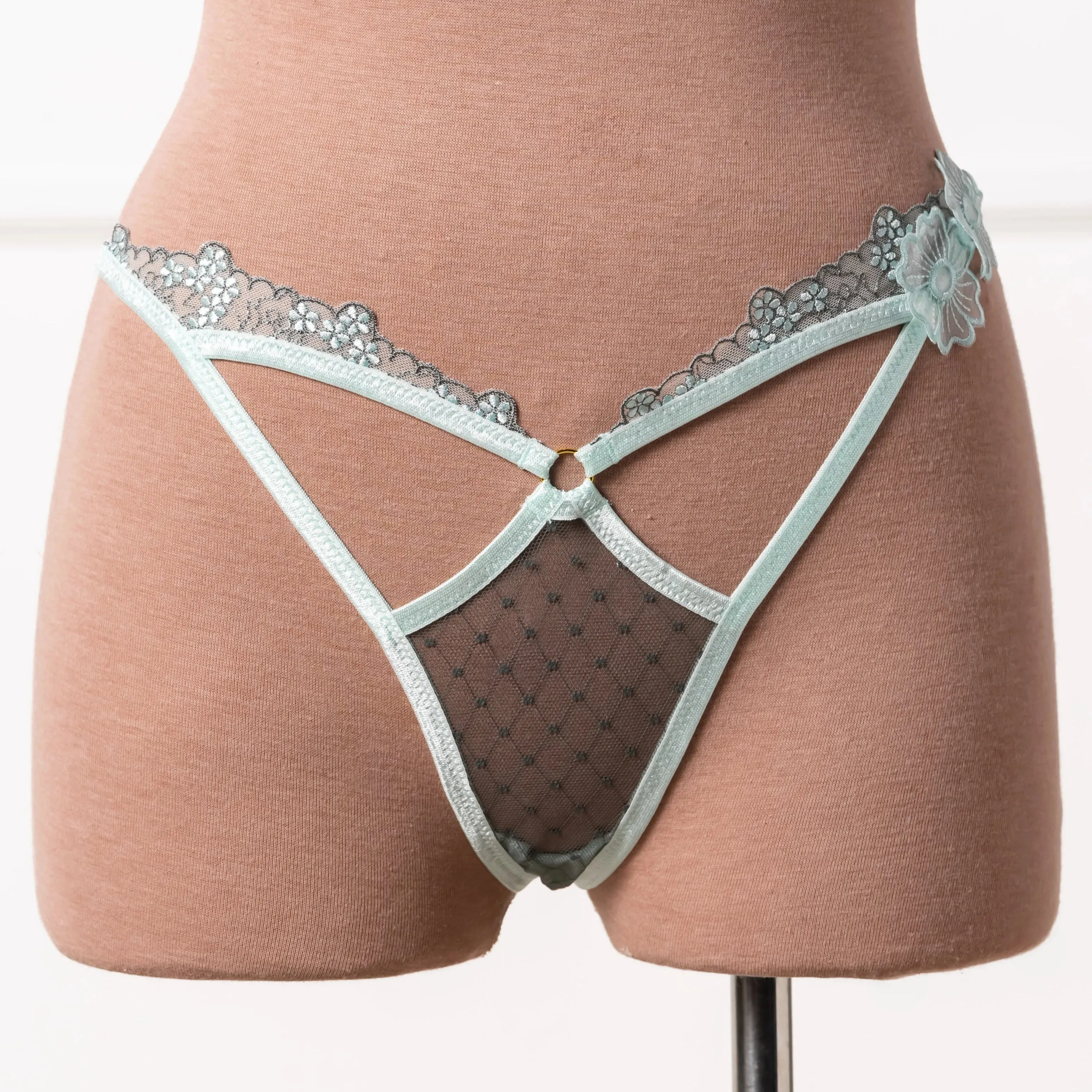 Embroidered Appliqu Cut Out Thong - Mint Julep