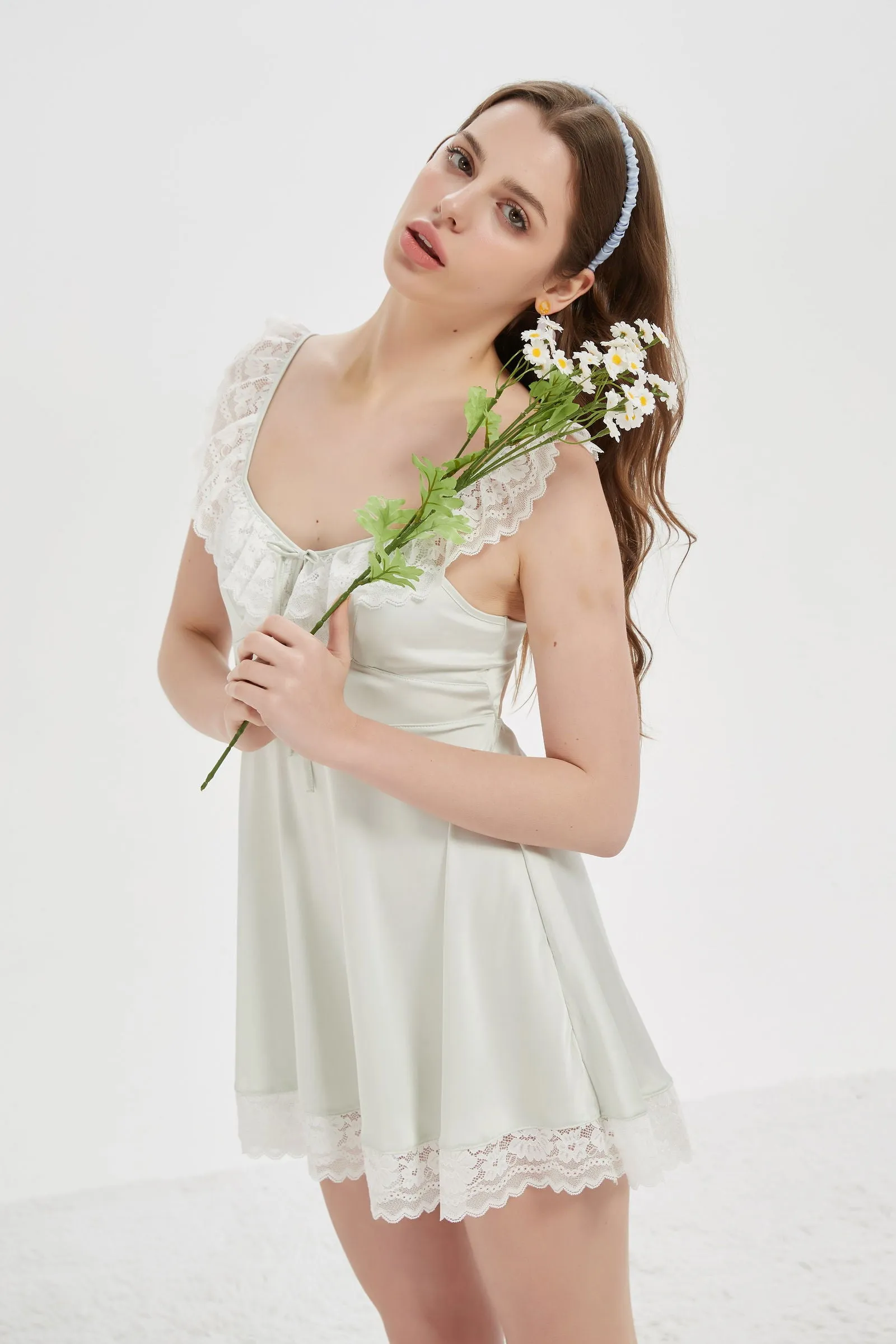 Ivory Satin Chemise with Delicate Lace Trim