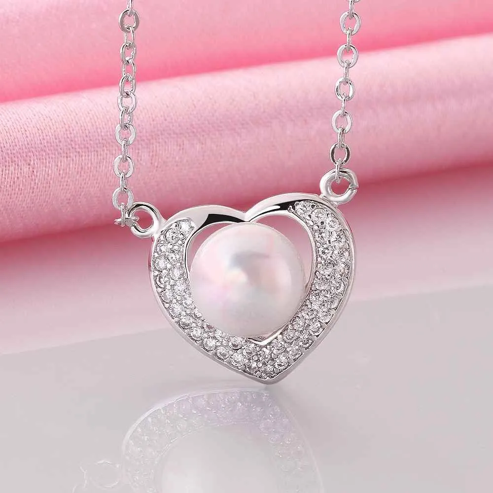 platinum plated necklaces simulated pearl in heart collares women necklaceNPLN 13 ELY