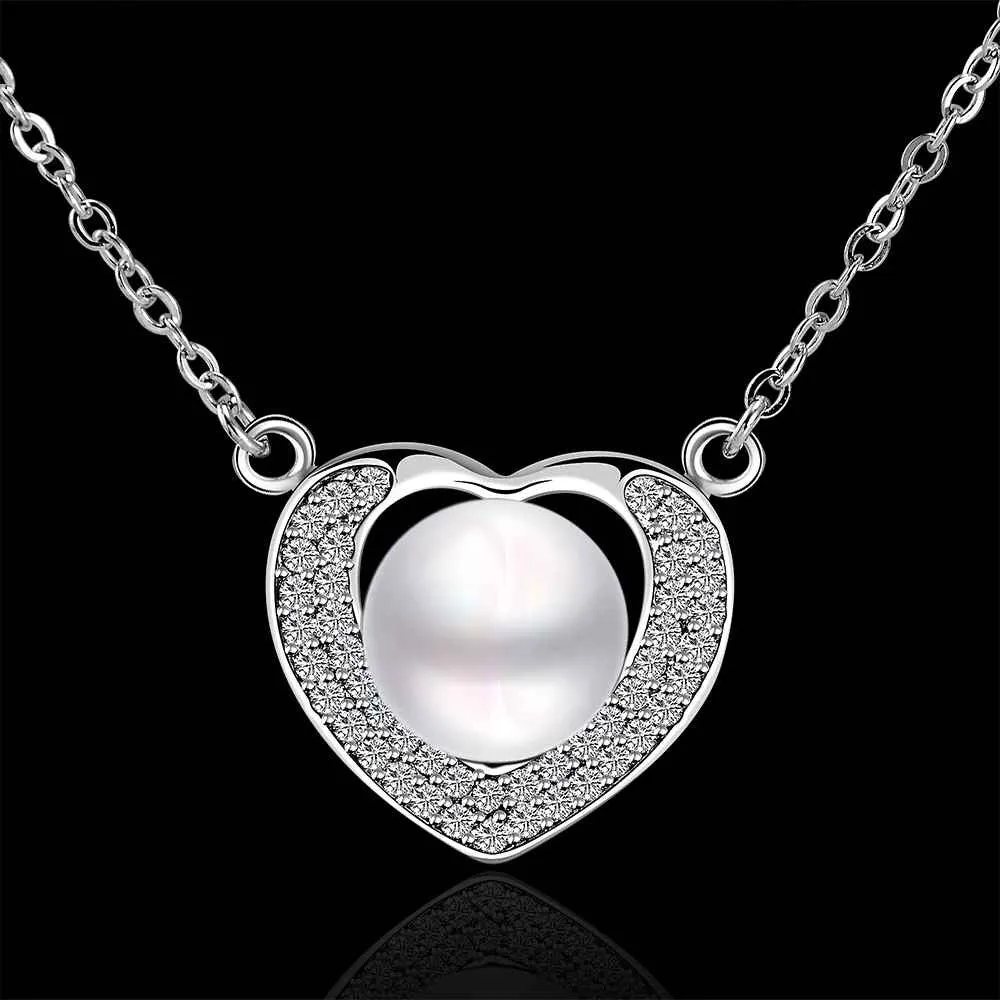 platinum plated necklaces simulated pearl in heart collares women necklaceNPLN 13 ELY