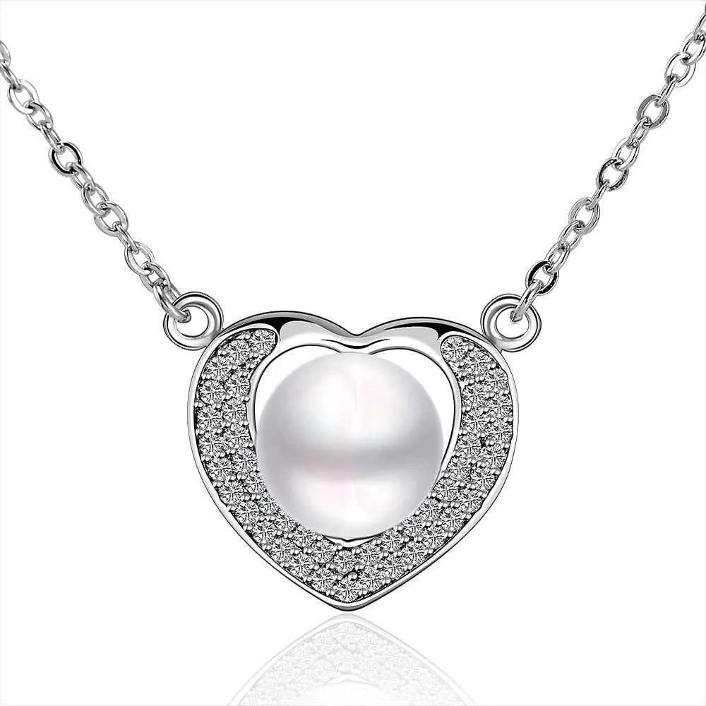 platinum plated necklaces simulated pearl in heart collares women necklaceNPLN 13 ELY