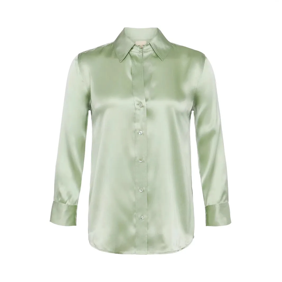 Satin Rayon Shirt Women's Solid Color Top Elegant Lapel