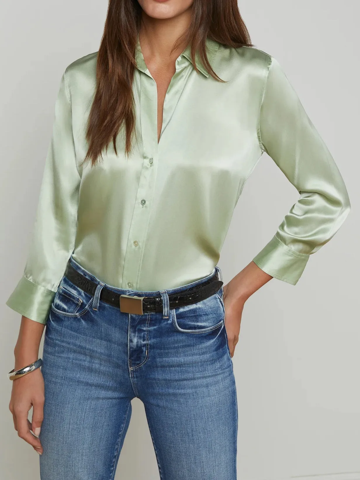 Satin Rayon Shirt Women's Solid Color Top Elegant Lapel